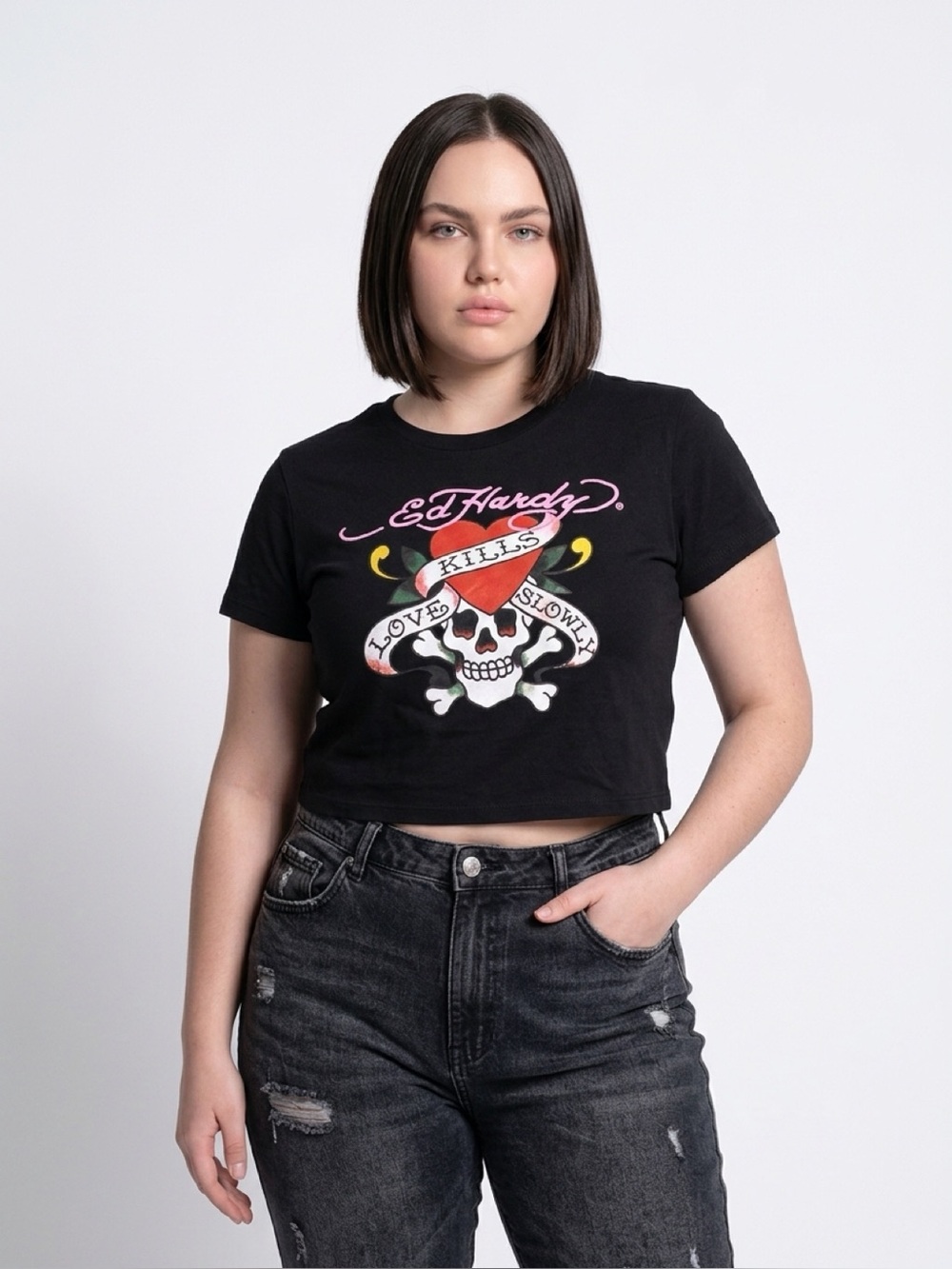 NWOT Ed Hardy Love Kills Slowly Crop Tee Black & Pink Large
